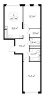 Планировка двухкомнатной(квартира) площадью 66.7 квадратных метров в “ЖК Переделкино Ближнее”
