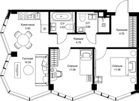 Планировка двухкомнатной(квартира) площадью 58.14 квадратных метров в “Дом премиум-класса МИРА”
