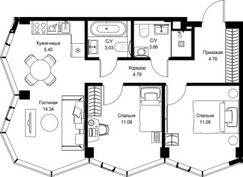 Планировка двухкомнатной(квартира) площадью 58.14 квадратных метров в ЖК “Дом премиум-класса МИРА”