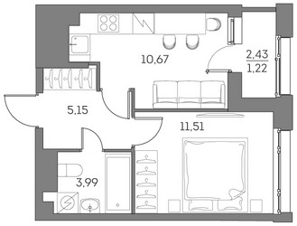 Планировка однокомнатной(квартира) площадью 32.5 квадратных метров в ЖК “ЖК Аквилон Beside 2.0”
