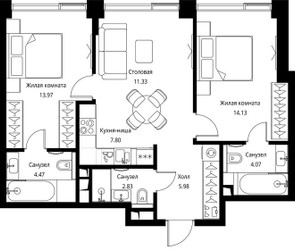 Планировка двухкомнатной(квартира) площадью 64.58 квадратных метров в ЖК “ЖК Сити Бэй”