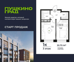 Планировка однокомнатной(квартира) площадью 35.75 квадратных метров в “ЖК Пушкино Град”
