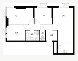 Планировка трехкомнатной(квартира) площадью 70.7 квадратных метров в “ЖК Второй Нагатинский”