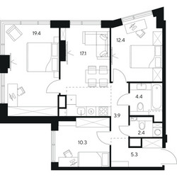 Планировка трехкомнатной(квартира) площадью 75.2 квадратных метров в ЖК “ЖК Нексус от Аквилон”