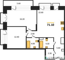 Планировка двухкомнатной(квартира) площадью 71.1 квадратных метров в “ЖК The LAKE (Лэйк)”
