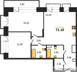 Планировка двухкомнатной(квартира) площадью 71.1 квадратных метров в ЖК “ЖК The LAKE (Лэйк)”