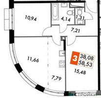 Планировка двухкомнатной(квартира) площадью 58.53 квадратных метров в “ЖК Движение. Говорово”