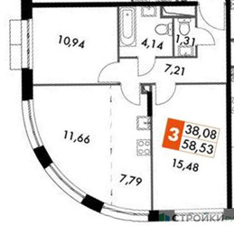 Планировка двухкомнатной(квартира) площадью 58.53 квадратных метров в ЖК “ЖК Движение. Говорово”