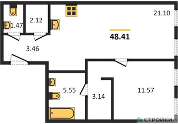 Планировка однокомнатной(апартаменты) площадью 48.41 квадратных метров в ЖК “ЖК Инсайдер”