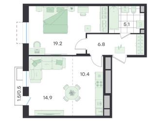 Планировка двухкомнатной(квартира) площадью 56.9 квадратных метров в ЖК “ЖК G3 Театральный”
