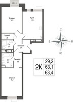 Планировка двухкомнатной(квартира) площадью 63.1 квадратных метров в “ЖК КИНОКВАРТАЛ”