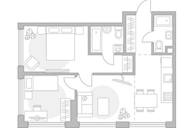 Планировка трехкомнатной(квартира) площадью 59.22 квадратных метров в ЖК “ЖК Мневники от Гранель”