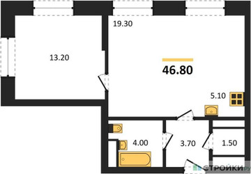 Планировка однокомнатной(квартира) площадью 46.9 квадратных метров в ЖК “ЖК Пушкино Град”