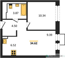 Планировка однокомнатной(квартира) площадью 34.62 квадратных метров в “ЖК Молжаниново”