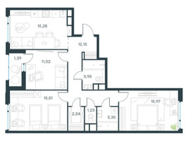 Планировка трехкомнатной(квартира) площадью 82.4 квадратных метров в “ЖК Левел Лесной”