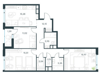 Планировка трехкомнатной(квартира) площадью 82.4 квадратных метров в ЖК “ЖК Level Лесной”