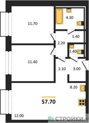 Планировка двухкомнатной(квартира) площадью 57.7 квадратных метров в ЖК “ЖК Равновесие”