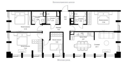 Планировка 4+ комнатной(квартира) площадью 108.54 квадратных метров в ЖК “ЖК Сити Бэй”