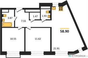 Планировка двухкомнатной(квартира) площадью 58.9 квадратных метров в “ЖК Квартал Румянцево (МелиСад)”