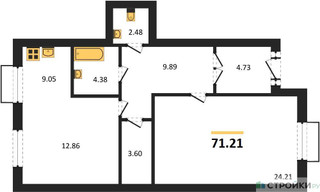 Планировка однокомнатной(квартира) площадью 71.21 квадратных метров в “ЖК Жаворонки Клаб”
