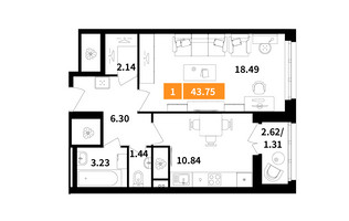 Планировка однокомнатной(квартира) площадью 43.8 квадратных метров в “ЖК Планерный Квартал”