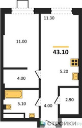 Планировка однокомнатной(квартира) площадью 43.1 квадратных метров в ЖК “ЖК Новые смыслы”