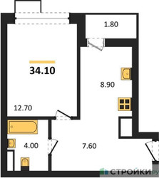 Планировка однокомнатной(квартира) площадью 34.1 квадратных метров в ЖК “ЖК Родные кварталы”