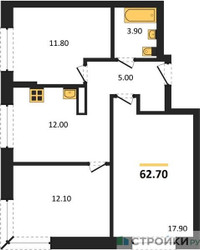 Планировка трехкомнатной(квартира) площадью 62.7 квадратных метров в ЖК “ЖК "Коллекция"”