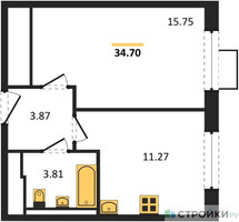 Планировка однокомнатной(квартира) площадью 34.7 квадратных метров в “ЖК Квартал Ивакино”
