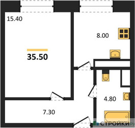 Планировка однокомнатной(квартира) площадью 35.5 квадратных метров в ЖК “ЖК Высокий берег (Ногинск)”