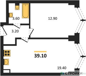Планировка однокомнатной(квартира) площадью 39.1 квадратных метров в ЖК “ЖК ЗИЛАРТ”