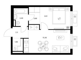 Планировка однокомнатной(квартира) площадью 35.42 квадратных метров в “ЖК Ильинские луга”