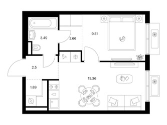Планировка однокомнатной(квартира) площадью 35.42 квадратных метров в ЖК “ЖК Ильинские луга”