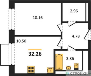 Планировка однокомнатной(квартира) площадью 32.26 квадратных метров в ЖК “ЖК Квартал Марьино”