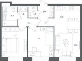 Планировка трехкомнатной(квартира) площадью 57.7 квадратных метров в “ЖК Равновесие”
