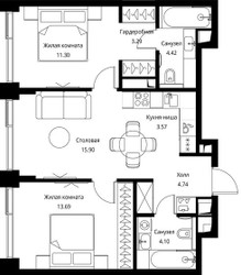 Планировка двухкомнатной(квартира) площадью 61.01 квадратных метров в ЖК “ЖК Сити Бэй”