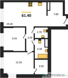 Планировка двухкомнатной(квартира) площадью 61.4 квадратных метров в ЖК “Архитектурный проект ЮТУ”