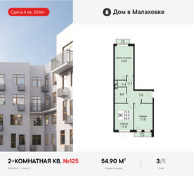 Планировка двухкомнатной(квартира) площадью 54.9 квадратных метров в ЖК “ЖК Дом в Малаховке”