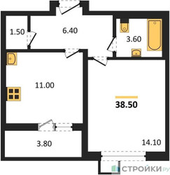 Планировка однокомнатной(квартира) площадью 38.5 квадратных метров в “ЖК Первый Лермонтовский”