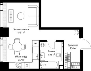 Планировка студии(квартира) площадью 32.85 квадратных метров в ЖК “ЖК Веер”