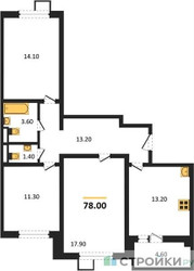 Планировка трехкомнатной(квартира) площадью 78 квадратных метров в ЖК “ЖК Первый Лермонтовский”