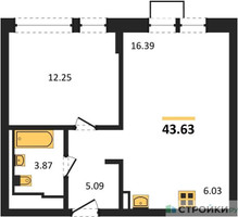 Планировка однокомнатной(квартира) площадью 43.63 квадратных метров в “ЖК Молжаниново”