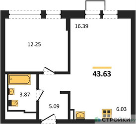 Планировка однокомнатной(квартира) площадью 43.63 квадратных метров в ЖК “ЖК Молжаниново”