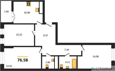 Планировка трехкомнатной(квартира) площадью 76.58 квадратных метров в ЖК “ЖК Дюна”