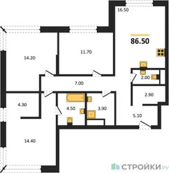 Планировка трехкомнатной(квартира) площадью 86.5 квадратных метров в ЖК “Кутузов Сити”