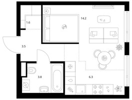 Планировка однокомнатной(квартира) площадью 29.5 квадратных метров в “ЖК Руставели 14”