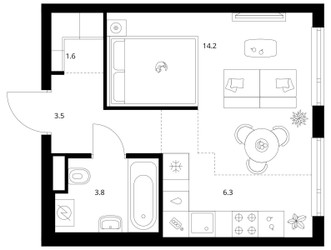 Планировка однокомнатной(квартира) площадью 29.5 квадратных метров в ЖК “ЖК Руставели 14”