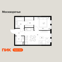 Планировка однокомнатной(квартира) площадью 37.9 квадратных метров в “ЖК Москворечье”