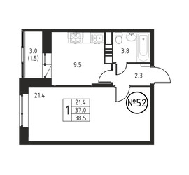 Планировка однокомнатной(квартира) площадью 38.5 квадратных метров в ЖК “ЖК Космос”