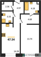 Планировка однокомнатной(квартира) площадью 47.54 квадратных метров в “ЖК УЛЬТИМА Сити”